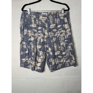 Iron Mens 34 Blue Plaid Tropical Leaf Cargo Shorts Y2K Surf Skate Distressed